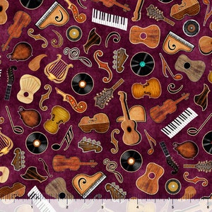 May include: A burgundy fabric with a repeating pattern of musical instruments and notes. The instruments include guitars, violins, a harp, a piano, a mandolin, and a banjo. The notes are in black and white.
