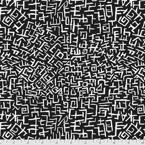 May include: Black and white abstract pattern with a repeating design of stylised lines and shapes. The pattern is reminiscent of ancient symbols or hieroglyphics.