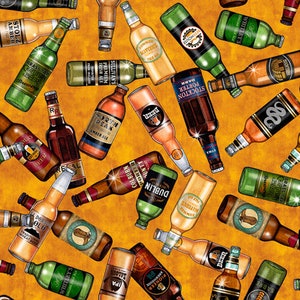 May include: A yellow background with a pattern of various beer bottles. The bottles are in different colours and styles, with labels that include names like "Stolz Amber", "Maverick", "North Peak", "Dublin Porter", "Whitley's", and "Pioneer".