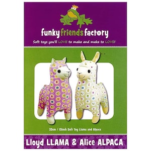 May include: A sewing pattern for making two plush toys, a llama and an alpaca. The pattern includes instructions for making a 13-inch soft toy llama named Lloyd and a 13-inch soft toy alpaca named Alice. The pattern is from Funky Friends Factory.