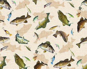 Digital Fishing Fabric- Tossed Fish in Cream from Hooked Collection for Northcott- 100% Quilt Shop High Quality Cotton- You Choose the Cut