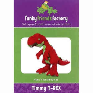 May include: A sewing pattern for a red and green 17 inch soft toy T-Rex named Timmy. The pattern is from Funky Friends Factory, a company that makes soft toys you'll love to make and make to love.