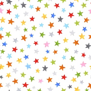 Può includere: Uno schema senza cuciture di stelle colorate su uno sfondo bianco. Le stelle sono in varie tonalità di rosso, arancione, giallo, verde, blu, rosa e grigio.