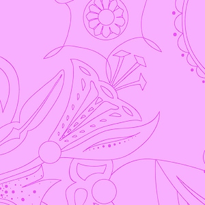 May include: A pink background with a white outline of a floral design. The design features a flower with a circle in the center and a stylized lily with a circle at the base.