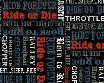 End of Bolt- 44"x42" (1yd 8in) Biker Words in Black from Born to Ride Collection by Windham Fabric - 100% Quilt Shop Cotton
