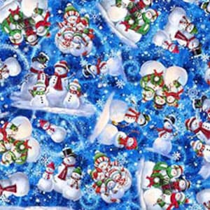 Tossed Snowman in Royal aus der Snowman Holiday Kollektion von ©Gina Jane Lee für QT Fabrics aus 100% Baumwolle