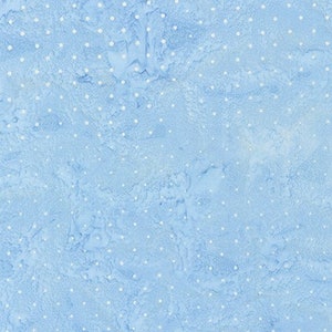 May include: A light blue fabric with a white polka dot pattern. The fabric has a subtle marbled effect.