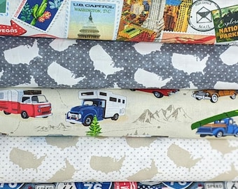 Summer Vacation FABRIC BUNDLE SET from American Road Trip Collection for Windham Fabric- 100% High Quality Cotton Fabric - 5 Fabrics Total