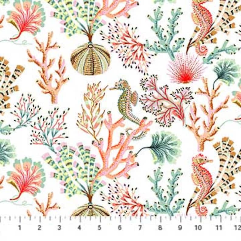 Main Sea Life in White From Sea Botanica Collection by Sarah Gordon for Figo Fabric 100/% Quilt Shop Cotton