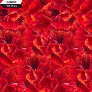 May include: A fabric pattern featuring a dense, repeating display of vibrant red and deep orange ruffled flower petals. In the upper left corner, a white rectangular label contains the black text RUNNING YARDAGE in a sans-serif font.