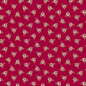 May include: A repeating pattern of white stylized flowers on a solid crimson red background.