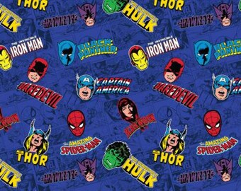 Digital Minky - Marvel Comic Heroes on Blue from EZ Fabrics - You Choose the Cut - 100% Polyester