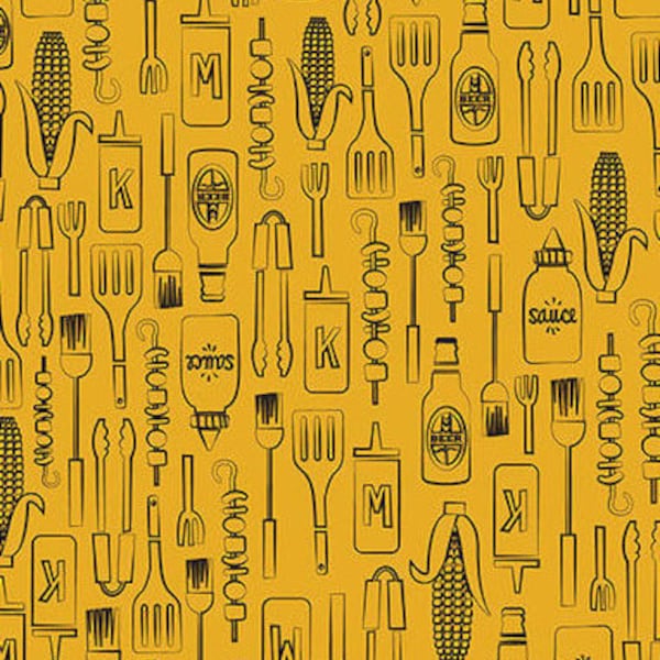 Utensil Outlines in Gold from Peace, Love & BBQ Collection for Henry Glass Fabric 100% High Quality Cotton