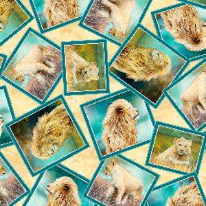 Op de afbeelding: Een naadloos patroon met meerdere afbeeldingen van een witte leeuw in een turquoise frame tegen een lichtgele achtergrond.