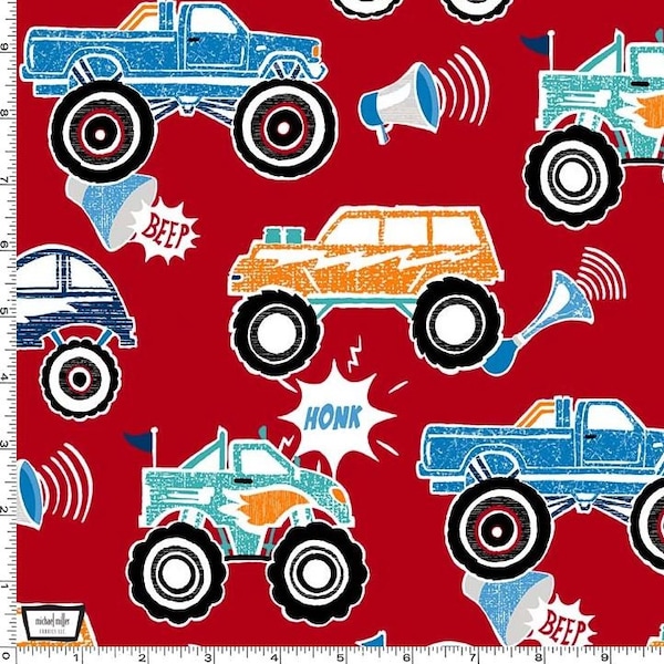 Monster Jam in Red from Monster Trucks Collection by Michael Miller Fabrics - 100% Designer Cotton Fabric