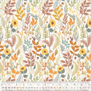 May include: A seamless pattern featuring a variety of fall foliage in shades of orange, yellow, green, and brown. The pattern includes sunflowers, leaves, ferns, and berries on a white background.