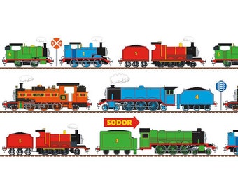 Large Train Continuous Panel in White from All Aboard Thomas the Tank and Friends Collection by Riley Blake- You Choose the Cut- 24" Repeat