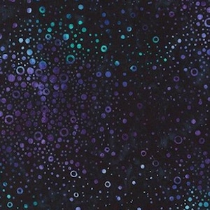 May include: Dark fabric with a pattern of teal, purple, and white circles and dots. The design is scattered across a black background, creating a celestial or galaxy-like effect. The circles vary in size.