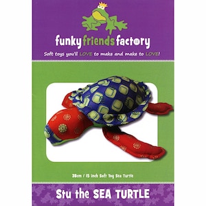 May include: A sewing pattern for a 15-inch soft toy sea turtle called Stu. The pattern features a colourful turtle with a blue and green shell and red and orange legs. The pattern is from Funky Friends Factory.