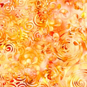 以下が含まれることがあります： 白い背景に渦巻くオレンジと黄色の形をした抽象的なシームレスパターン