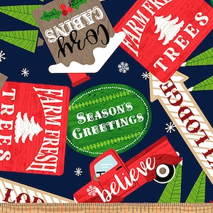 Christmas Ski Lodge Signs in Navy From Keeping Cozy Collection From Kanvas Fabric- 100% Cotton- You Choose the Cut