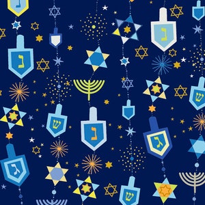 Hanukkah Motifs in Navy Blue from Hanukkah Greetings Collection for QT Fabric - 100% High Quality Cotton