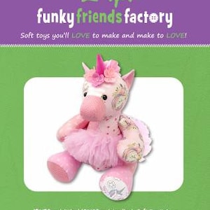 May include: A pink and white unicorn soft toy with a pink tutu and a floral crown. The toy is 30 cm tall when sitting and 40 cm tall when standing. The pattern is called "Kelsey Keepsake Unicorn".