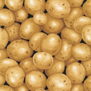 May include: A fabric pattern featuring a repeating design of golden-brown potatoes against a black background. The potatoes vary in size and shape, creating a textured, organic look. This design is suitable for kitchen or food-themed crafts.