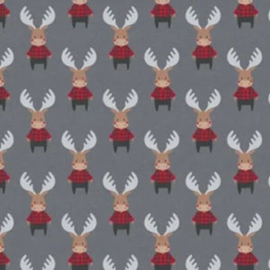 May include: A repeating pattern of brown moose wearing red and black plaid shirts and black pants on a gray background.