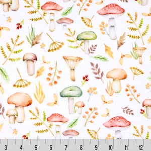 May include: A white background with a repeating pattern of watercolor mushrooms in various colors, including red, green, and brown. The mushrooms are surrounded by leaves and other foliage.