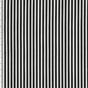 May include: Black and white striped fabric with a subtle texture. The fabric has thin black stripes and wider white stripes.