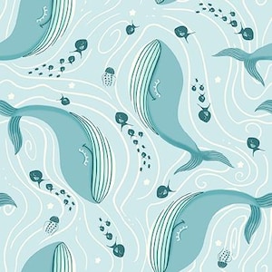 Swimming Whales in Light Blue from the Sky Adventures Collection by Paintbrush Studios - 100% Cotton Fabric