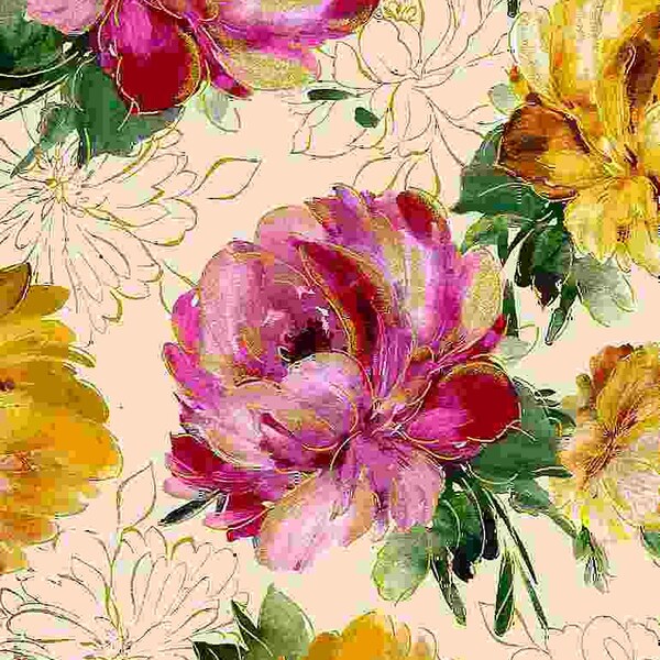Grandes peonías Metálicas Floral en Crema de Colección Felicity de Timeless Treasure Fabrics- 100% Quilt Shop Cotton