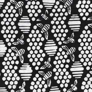 May include: Black and white repeating pattern featuring stylised bees and honeycombs. The bees are depicted in a simple, graphic style, with wings and legs.