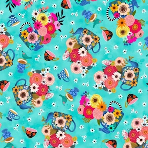 Könnte beinhalten: Ein blaugrüner Hintergrund mit einem sich wiederholenden Muster aus Teekannen, die mit bunten Blumen gefüllt sind. Die Teekannen haben ein blaues und weißes Streifenmuster und sind mit schwarzen und weißen Streifen verziert. Außerdem sind kleine Vögel, Schmetterlinge und Teetassen über das Muster verteilt.