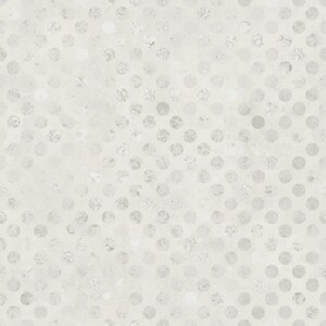 May include: A seamless pattern featuring light gray and white polka dots arranged in a repeating grid. The circles exhibit a subtle, weathered texture with varying shades of gray, creating a soft, muted appearance against a pale off-white background.