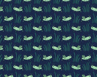 Saltamontes en azul marino de la colección Backyard Bugs de Paintbrush Fabrics - 100 % algodón - Tú eliges el corte