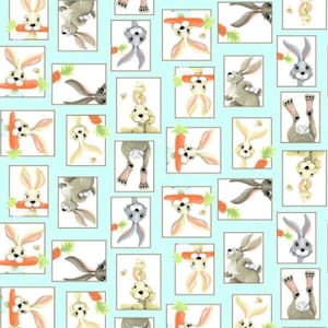 May include: A repeating pattern of bunnies holding carrots on a light blue background. The bunnies are in various poses and have different colored fur.