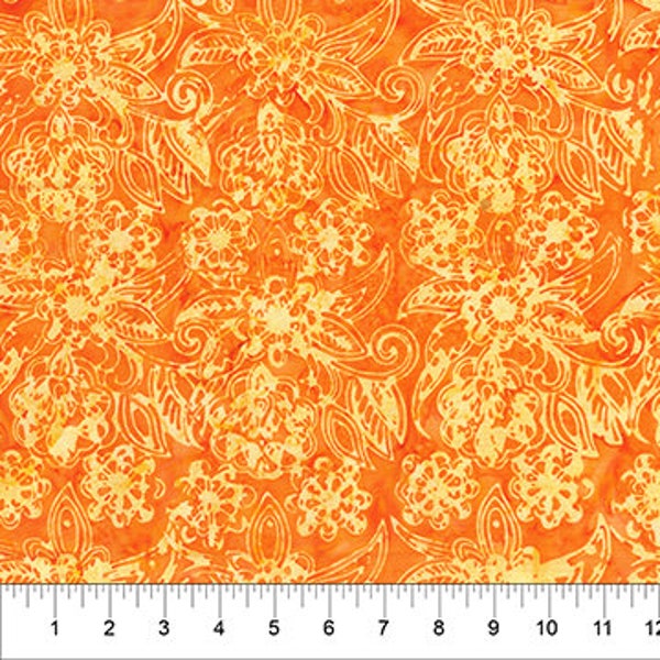 Batik Fabric- Exotic Flowers in Orange from Flutter Collection By Banyan Batiks Studio for Northcott Fabric - 100% High Quality Cotton