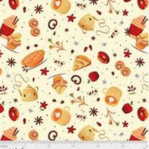 May include: A repeating pattern of illustrated baked goods and beverages on a cream background. The design includes donuts, coffee cups, teapots, pastries, and red accents. A ruler is at the bottom of the image.