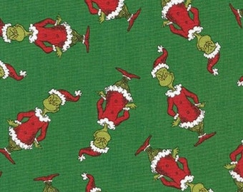 Minky Fabric - TOSSED Grinch on Green from Robert Kaufman - CaliQuiltCo Exclusive - Licensed Dr. Seuss Fabric