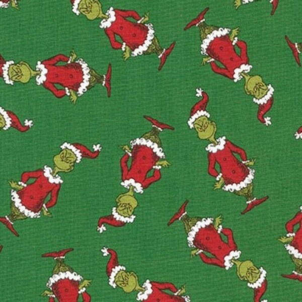 Minky Fabric - TOSSED Grinch on Green from Robert Kaufman - CaliQuiltCo Exclusive - Licensed Dr. Seuss Fabric