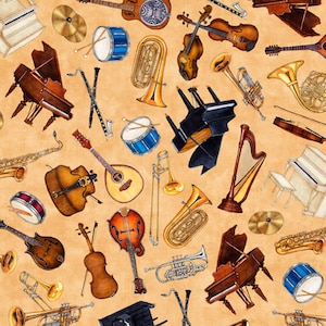 May include: A colorful illustration of various musical instruments, including a piano, a harp, a tuba, a trumpet, a violin, a cello, a guitar, a drum, and a saxophone. The instruments are arranged in a random pattern on a beige background.