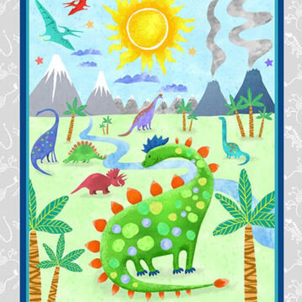 Scenic Dino Land Volcanos PANEL approx 24"x43" From Dinosaur Kingdom by Kate Mawdsley for Henry Glass- 100% High Quality Cotton