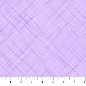 May include: A light purple fabric with a crisscross pattern of thin, white and purple lines. The fabric is measured with a ruler showing inches from 1 to 8.