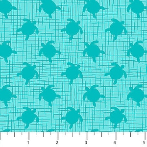 May include: Teal blue fabric with a repeating pattern of turquoise sea turtles. The fabric has a textured, woven look.