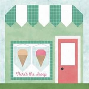 May include: A graphic illustration of an ice cream shop with a light green facade, a green and white striped awning, and a coral-colored door. The shop window displays two ice cream cones and the text Here's the Scoop in pink cursive lettering.