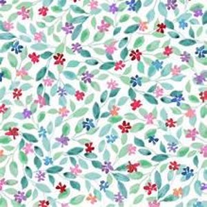 May include: A white fabric featuring a watercolor pattern of green leaves and small flowers in shades of red, pink, purple, and blue. The design consists of overlapping foliage and scattered blossoms distributed evenly across the entire surface.