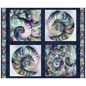 May include: A navy blue fabric with four square panels featuring a watercolor design of iridescent seashells. Each panel has a different arrangement of the seashells, with shades of blue, green, purple, and white.