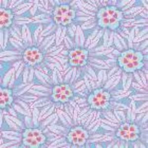 May include: A repeating pattern of stylised flowers featuring light purple petals with dark purple outlines. The flower centres are light blue with small pink accents, all set against a solid light blue background, creating a dense floral design.